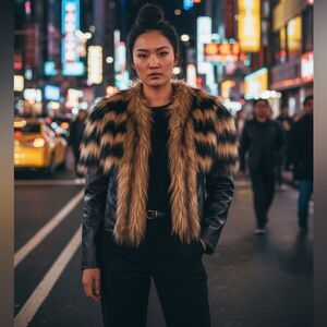 Wenxi Black Moto Jacket w/ Tan Faux Fur Trim Sz M